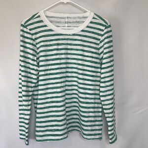 Elliott Lauren Women M White Green Striped Long Sleeve T-Shirt Raw Hem Detail